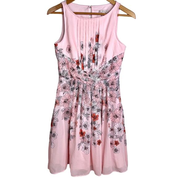 Dress Barn Pink Floral Pleated Front A-Line Dress 6 - Picture 1 of 10